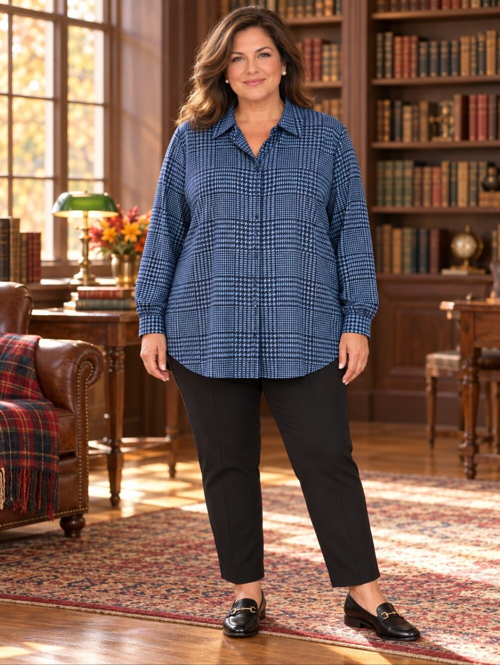 Appleseed’s 22W Blue Black Houndstooth Button-Down Tunic Top,NWOTu